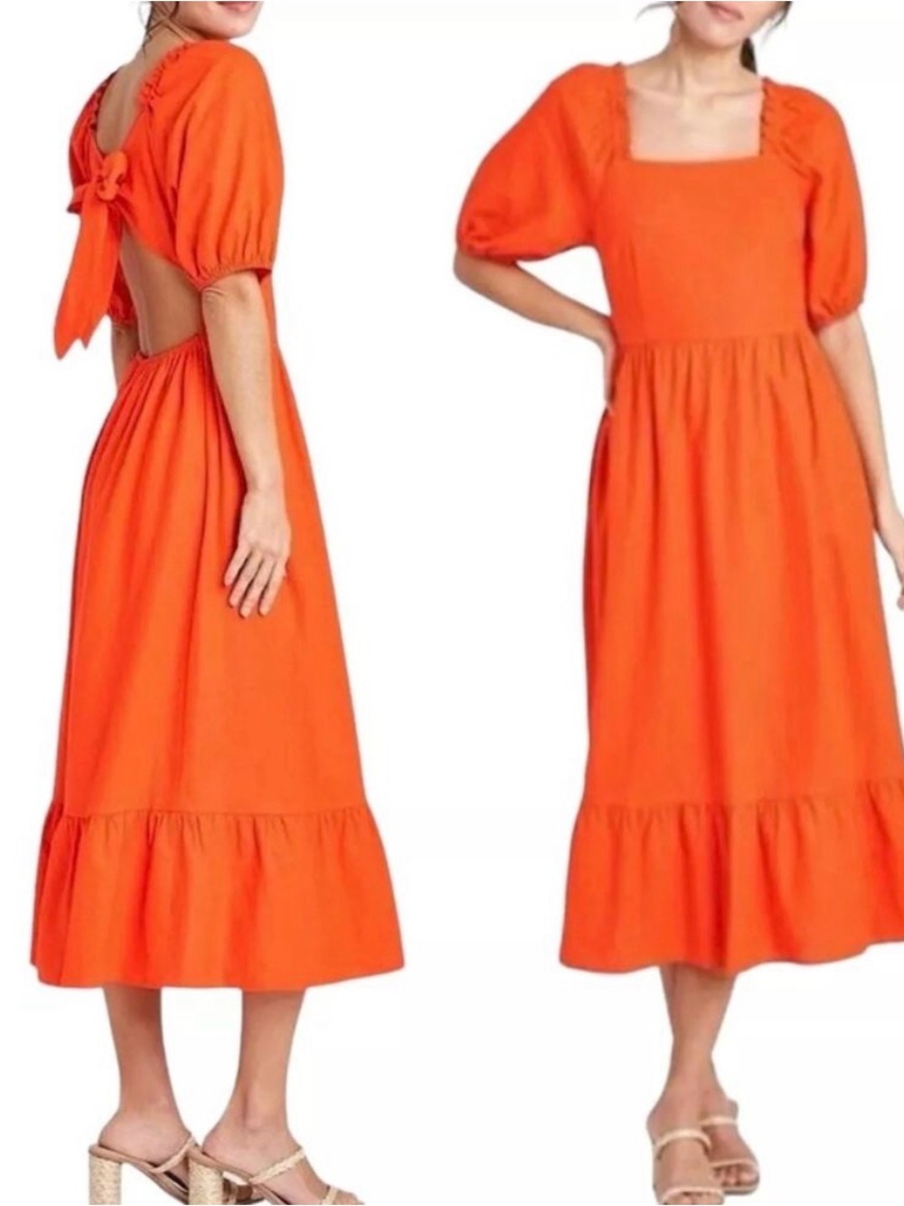 Orange Puff-Sleeve Midi Dress